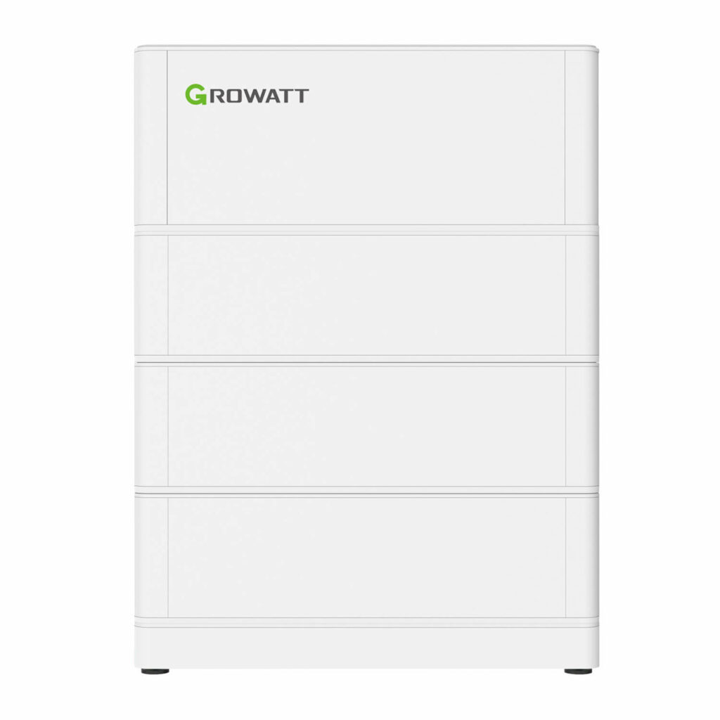 En vit, rektangulär Growatt energilagringsenhet, märkt med "Growatt" i svarta och gröna bokstäver i det övre vänstra hörnet, har ett growatt-batteri och har en ren, minimalistisk design med horisontella sektionsindelningar.